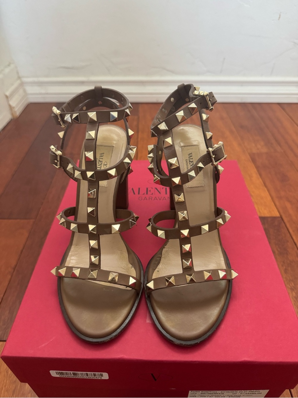 Valentino Brown Leather T-Strap Rockstud Heels with Gold Studs
